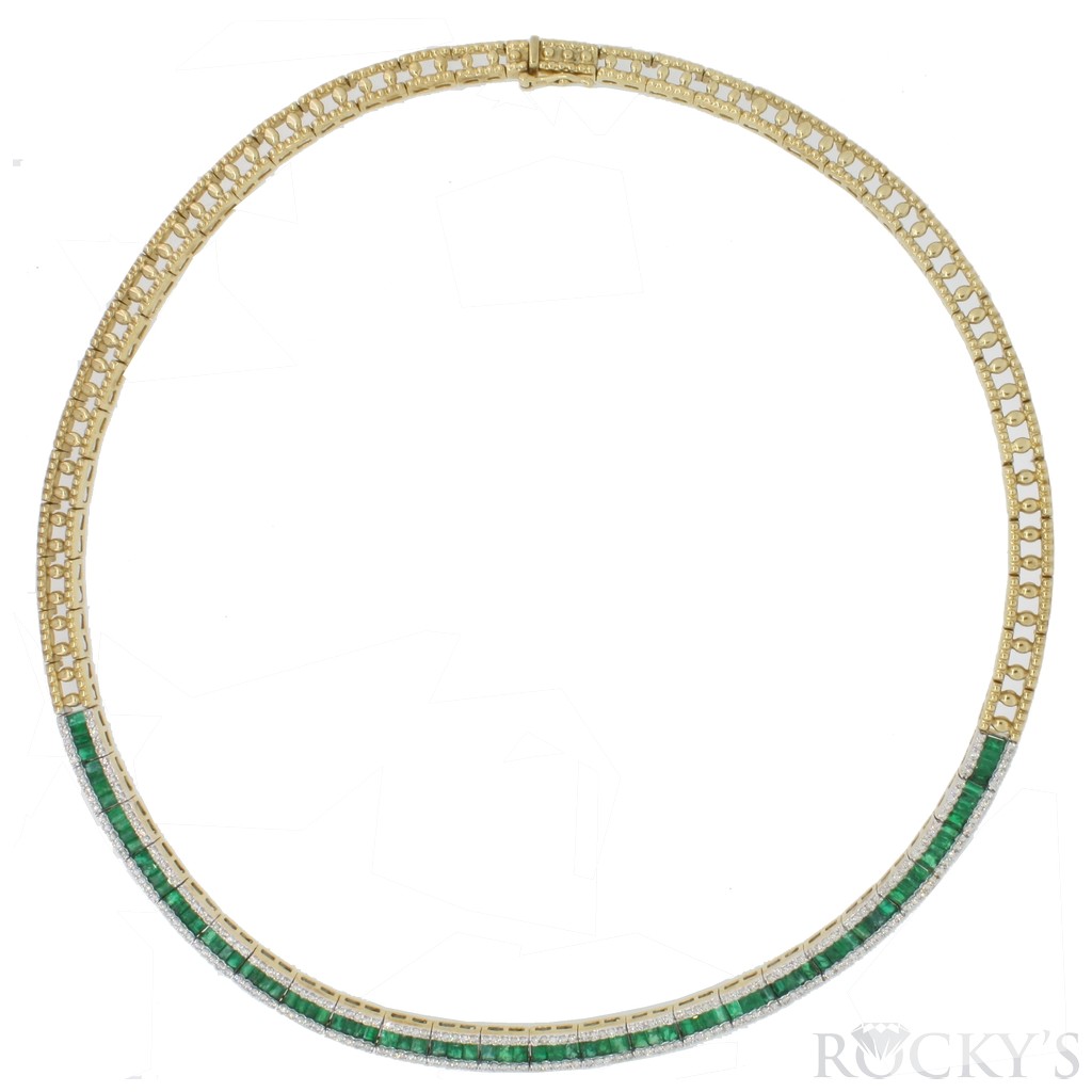 Emerald necklace and diamonds set in 14k yellow gold with 10.14ct
