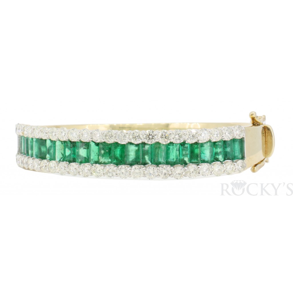 14k yellow gold emerald and diamond bangle bracelet
