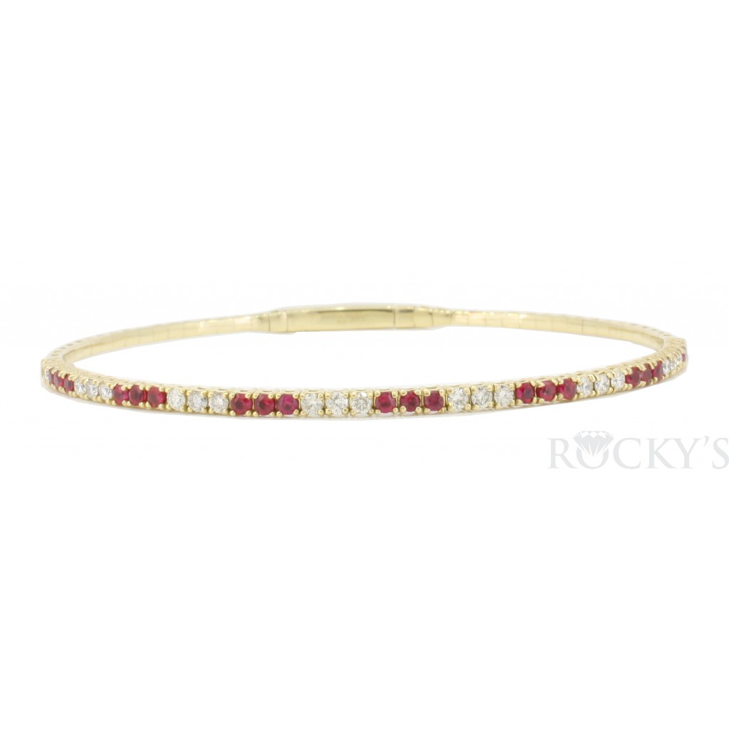 14k yellow gold ruby and diamonds flexible bangle bracelet
