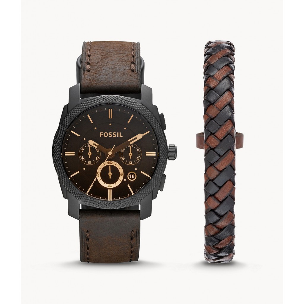 Machine chronograph dark brown leather watch and bracelet box set
