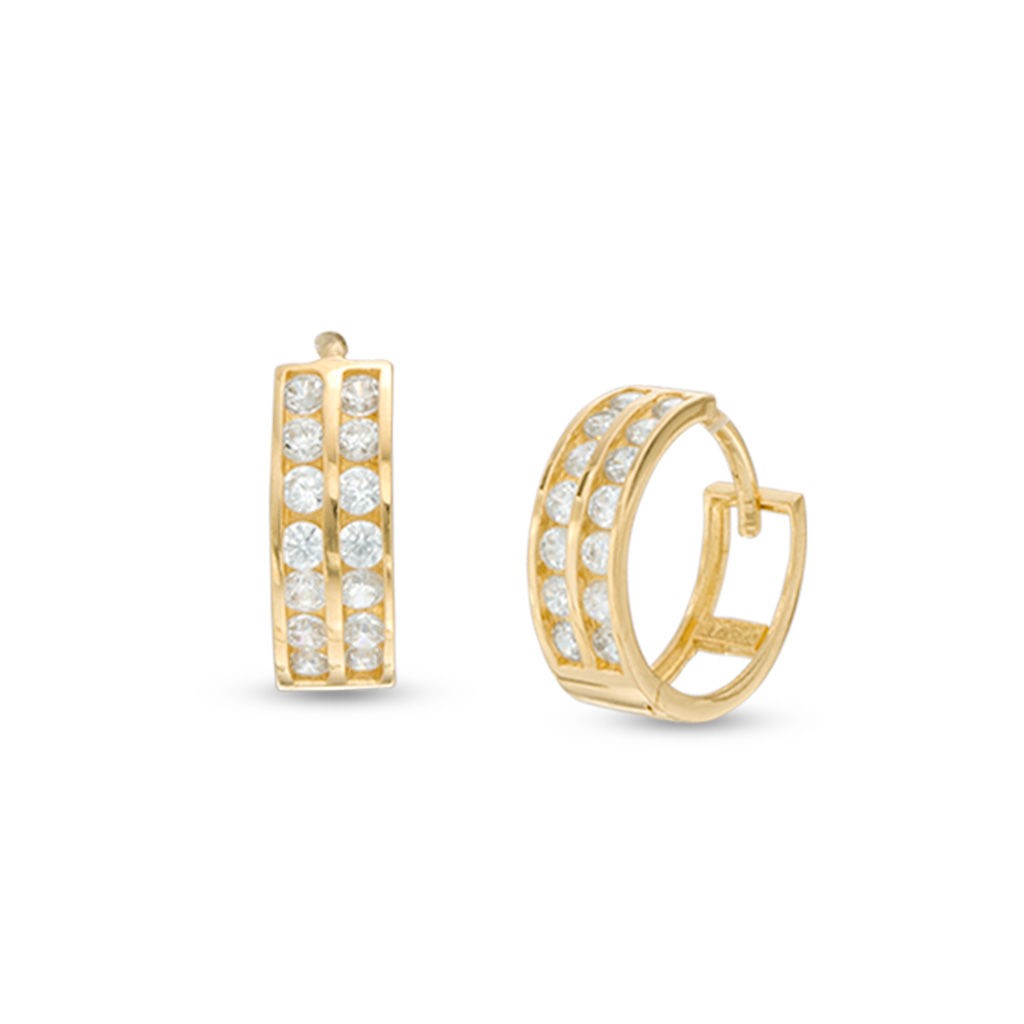 14k yellow gold huggie earrings with cubic zirconia