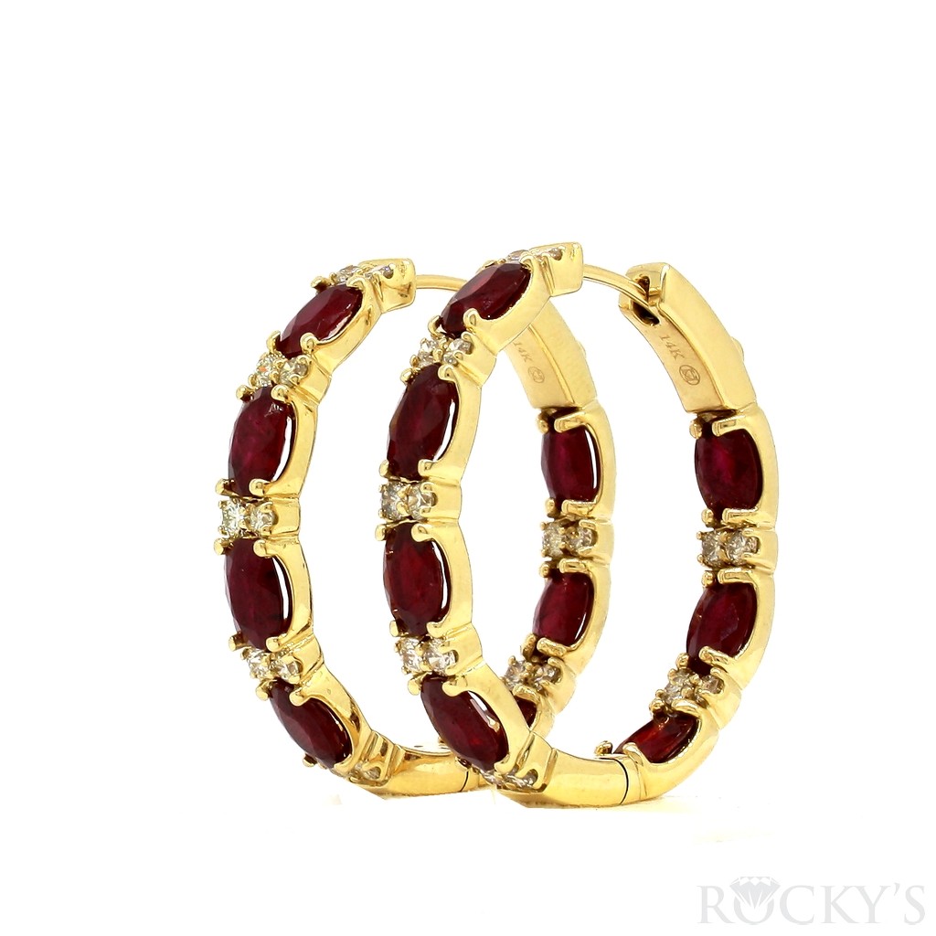 14K Yellow gold ruby and diamond hoops 6.45ct