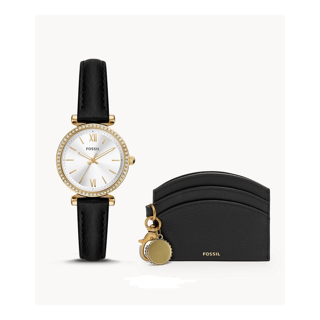 Carlie Three-Hand Black Eco Leather Watch and Card Case Box Set