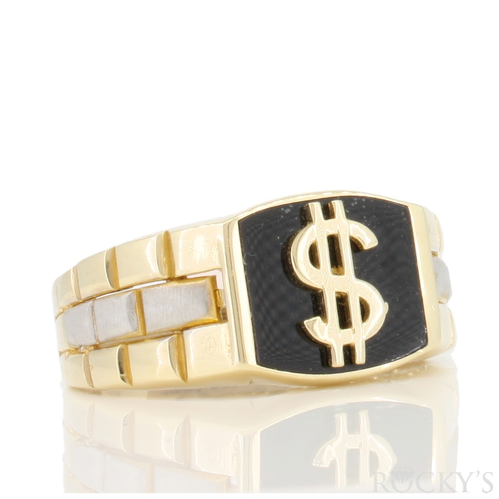 Yellow gold ring with onyx and gold dollar sign