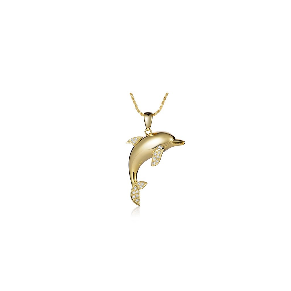 Yellow Gold Dolphin Pendant With Diamonds - Small