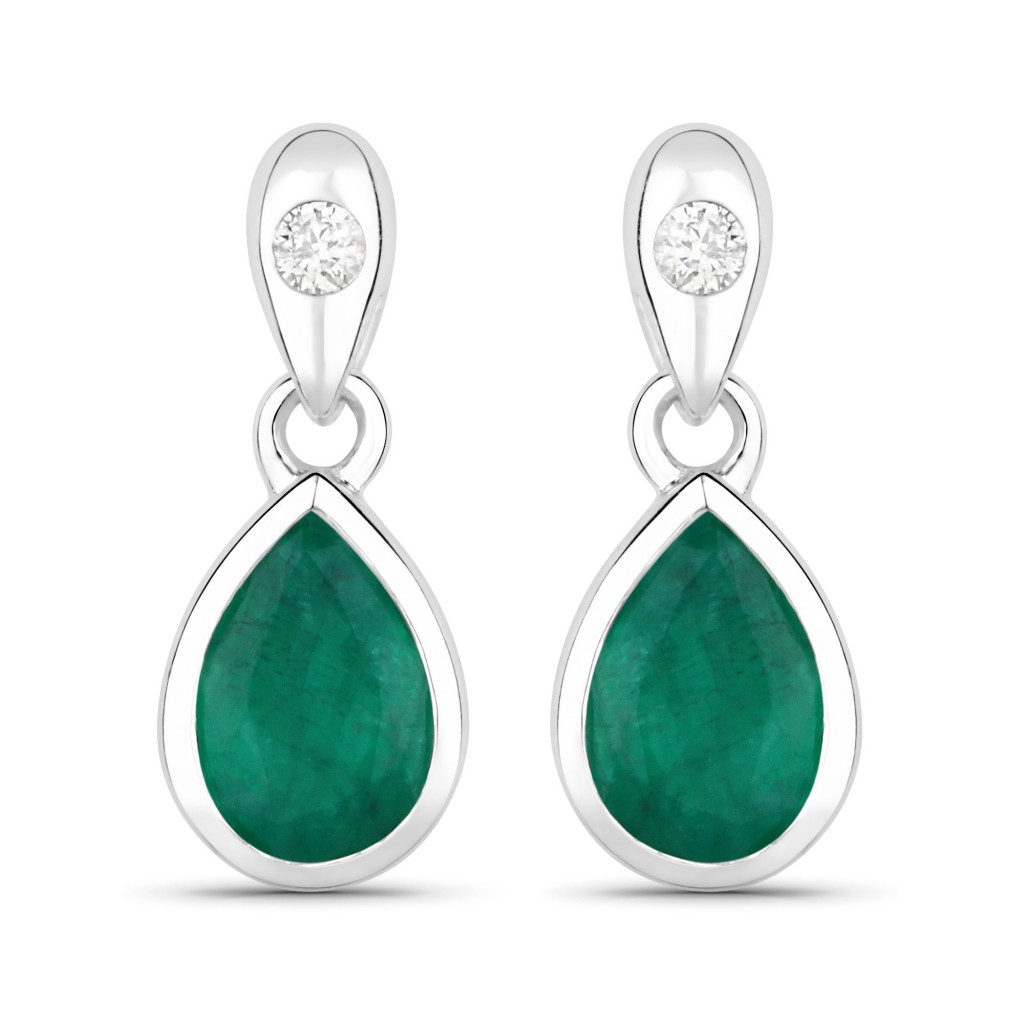 Genuine Zambian Emerald and White Diamond 14K White Gold Earrings