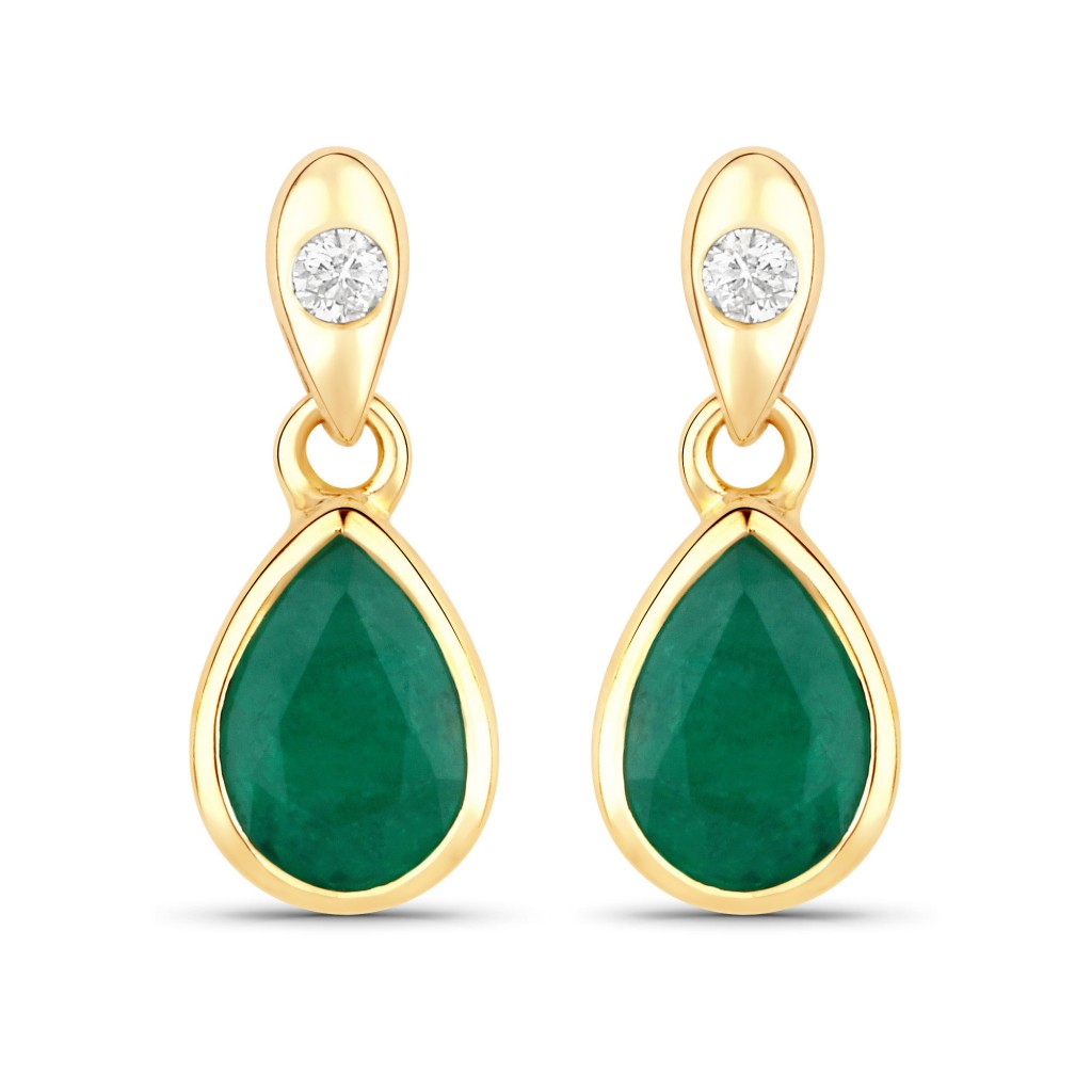 1.35 Carat Genuine Zambian Emerald and White Diamond 14K Yellow Gold Earrings