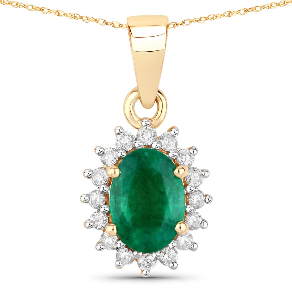 0.86 Carat Genuine Zambian Emerald and White Diamond 14K Yellow Gold Pendant