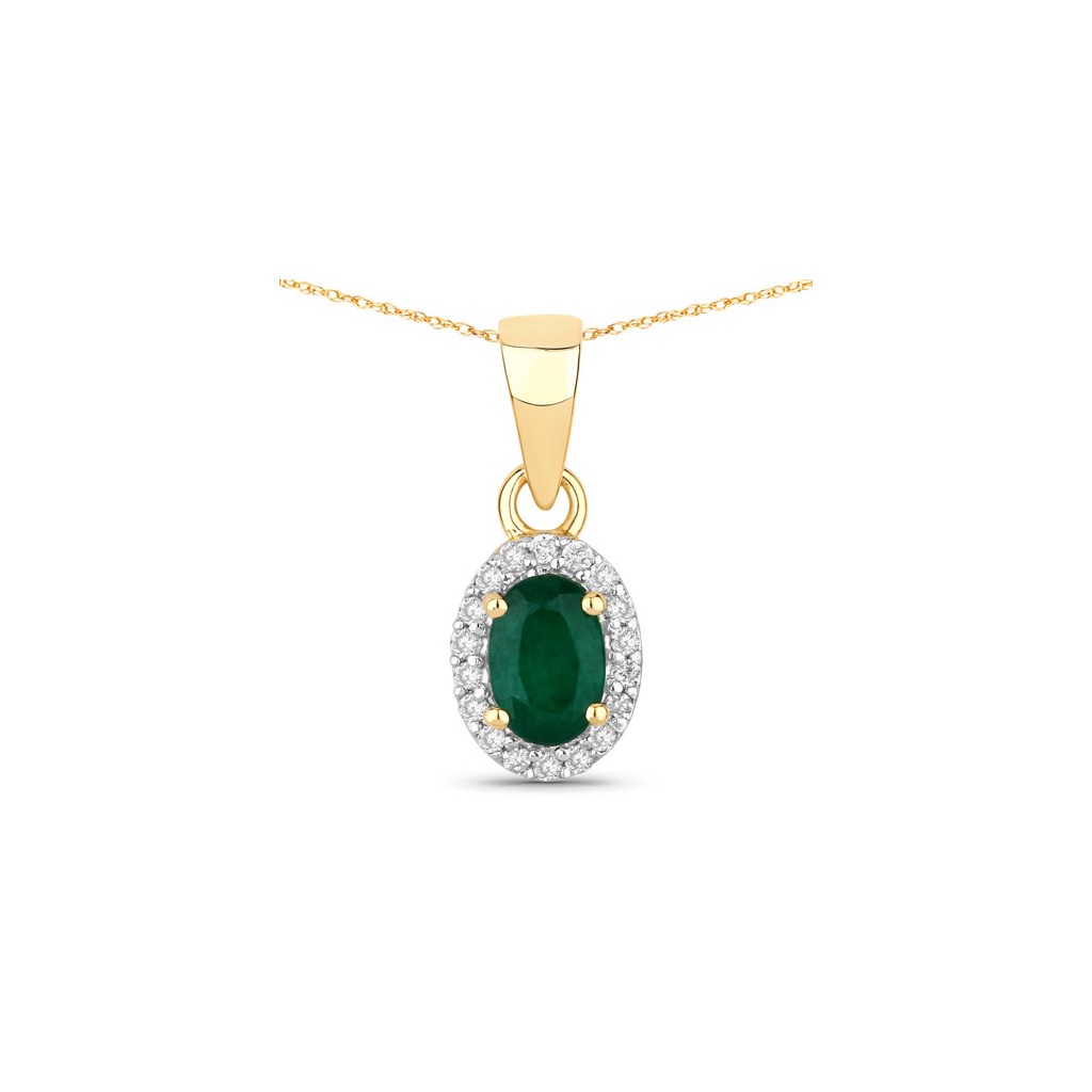Genuine Zambian Emerald and White Diamond 14K Yellow Gold Pendant