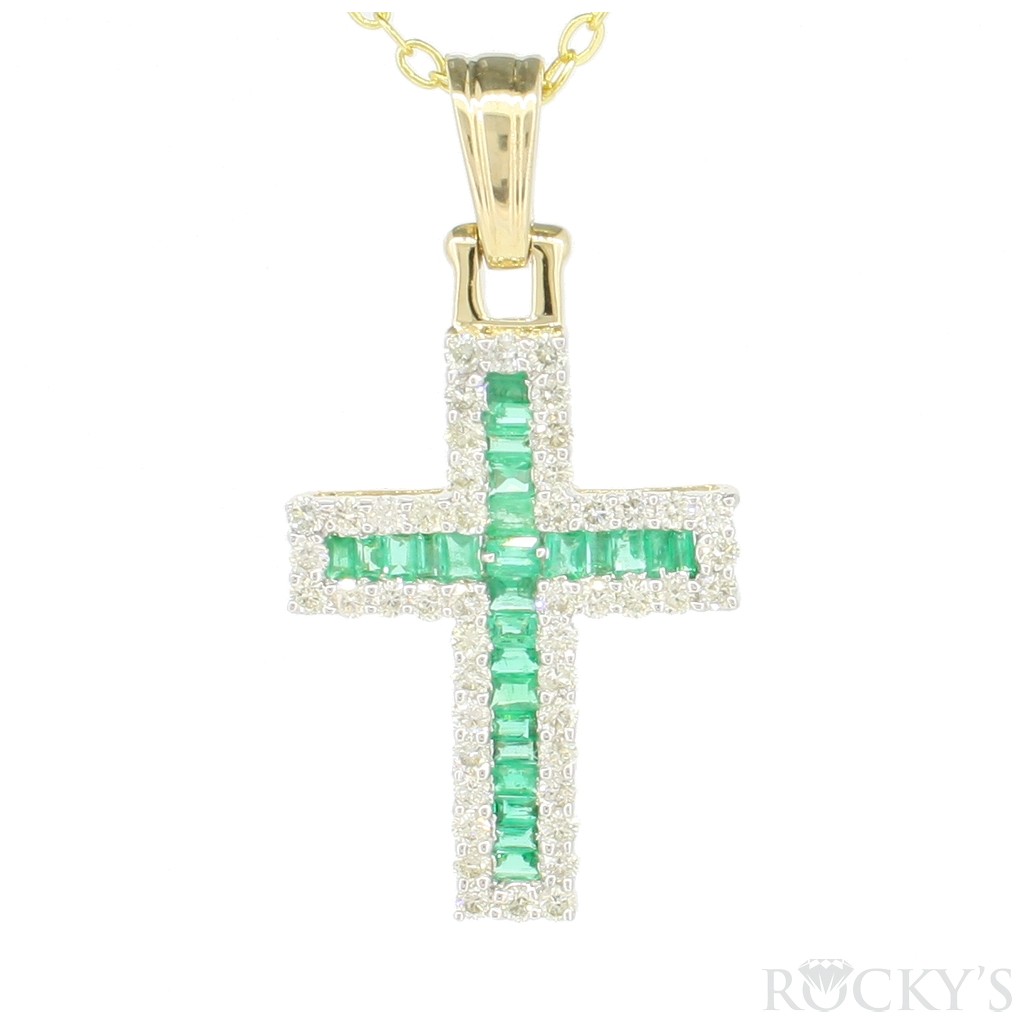 14K yellow gold emerald cross pendant with diamonds
