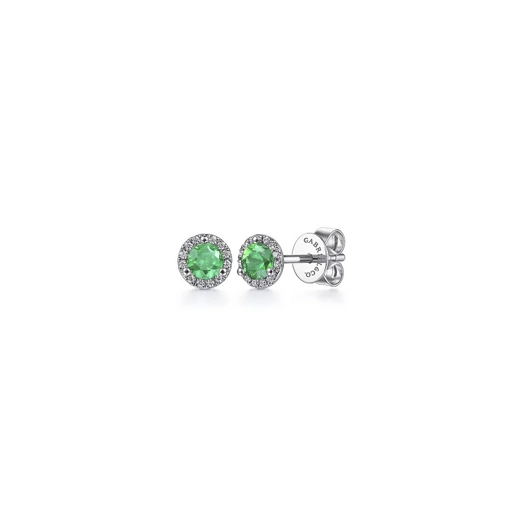 14K White Gold Diamond and Emerald Halo Stud Earrings