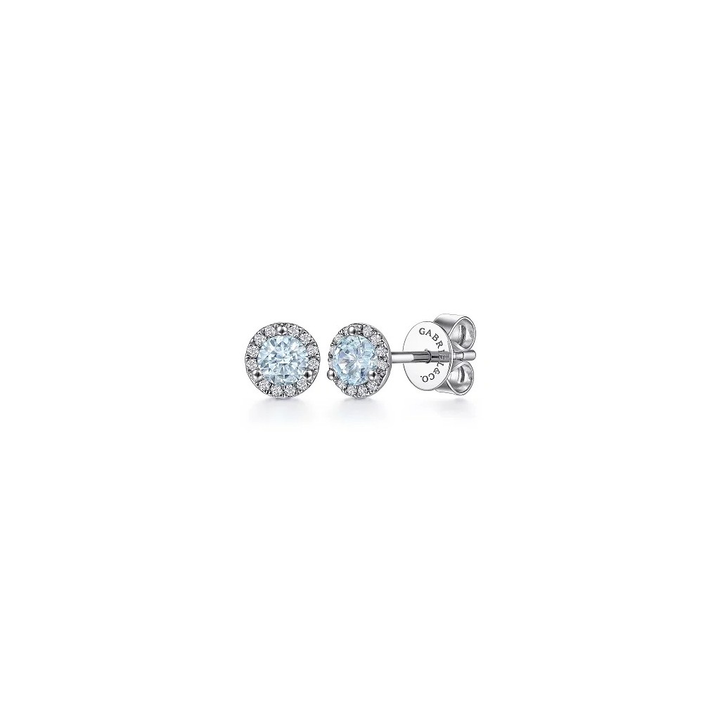 14K White Gold Halo Aquamarine and Diamond Stud Earrings