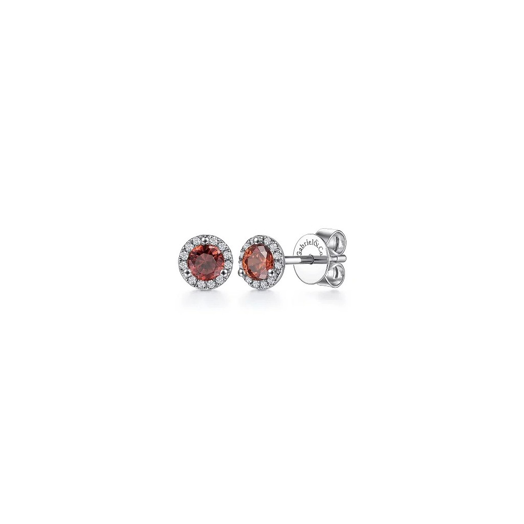 14K White Gold Halo Garnet and Diamond Stud Earrings